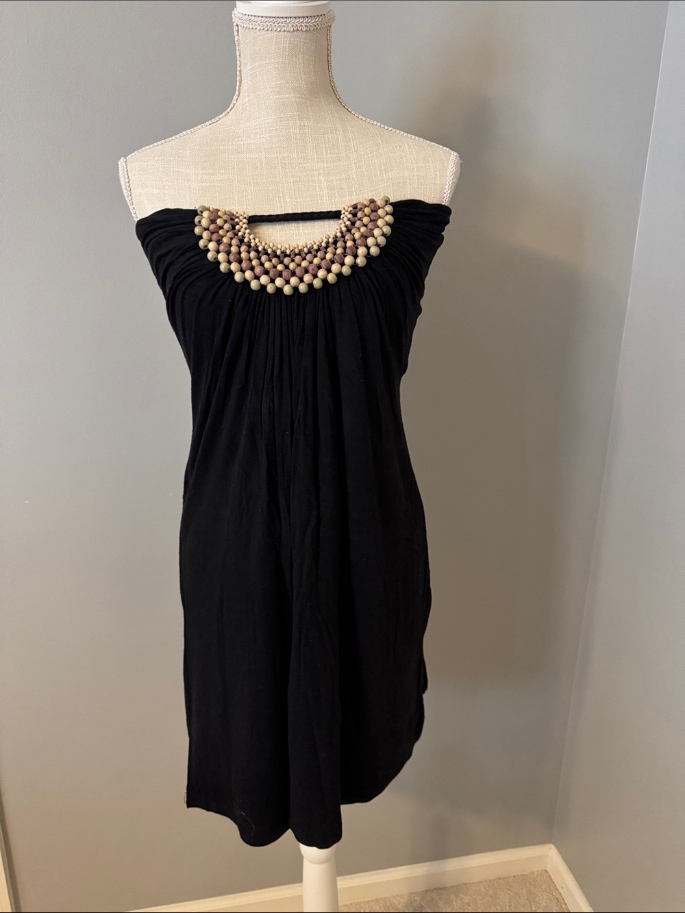 Pretty Good Black Strapless Dress with Beaded Collar